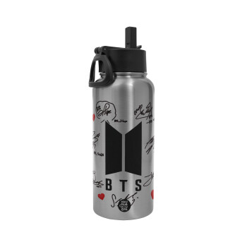 BTS signs, Metal mug thermo Silver with Straw and Spout Lid (Stainless steel), double wall, 950ml