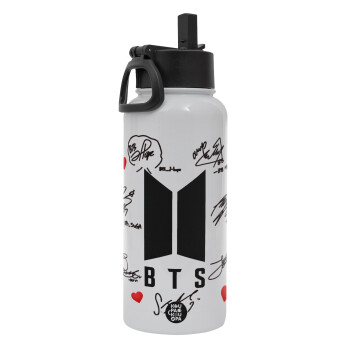 BTS signs, Metal mug thermo White with Straw and Spout Lid (Stainless steel), double wall, 950ml