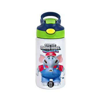Super mario and Friends, Children's hot water bottle, stainless steel, with safety straw, green, blue (350ml)