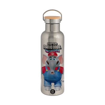 Super mario wonder, Stainless steel Silver with wooden lid (bamboo), double wall, 750ml