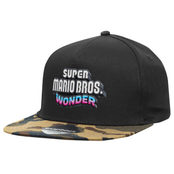 Super mario and Friends, Adult Flat Snapback Hat Black/Camouflage, (100% COTTON TWILL, ADULT, UNISEX, ONE SIZE)