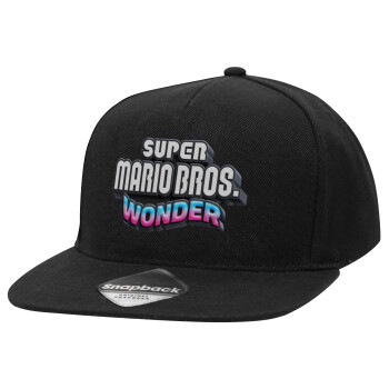 Super mario wonder, Adult Flat Snapback Hat Black, (100% COTTON TWILL, ADULT, UNISEX, ONE SIZE)