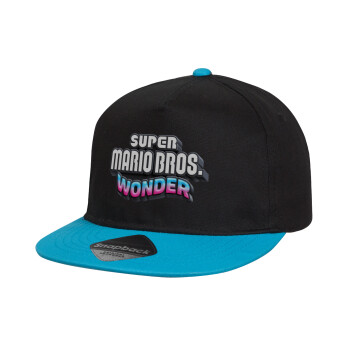 Super mario wonder, Child's Flat Snapback Hat, Black/Blue (100% COTTON, CHILD, UNISEX, ONE SIZE)