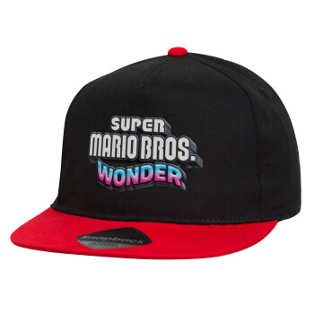 Super mario and Friends, Children's Flat Snapback Hat, Black/Red (100% COTTON, CHILDREN'S, UNISEX, ONE SIZE)