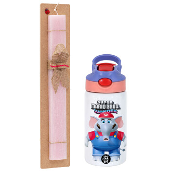 Super mario and Friends, Πασχαλινό Σετ, Παιδικό παγούρι θερμό, ανοξείδωτο, με καλαμάκι ασφαλείας, ροζ/μωβ (350ml) & πασχαλινή λαμπάδα αρωματική πλακέ (30cm) (ΡΟΖ)