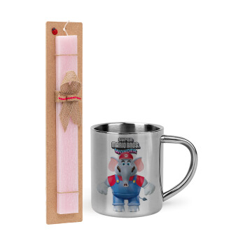 Super mario and Friends, Easter Set, metallic thermal cup (300ml) & aromatic flat Easter candle (30cm) (PINK)