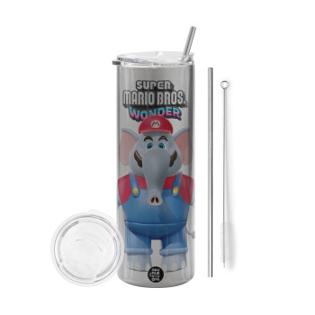 Super mario and Friends, Eco friendly stainless steel Silver tumbler 600ml, with metal straw & cleaning brush