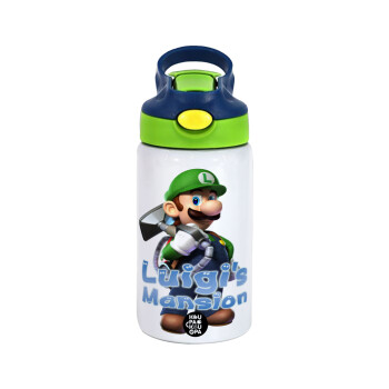 Luigi's Mansion, Children's hot water bottle, stainless steel, with safety straw, green, blue (350ml)