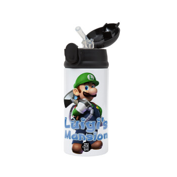 Luigi's Mansion, Children's hot water bottle, stainless steel, with safety straw, Black (360ml) BPA-FREE