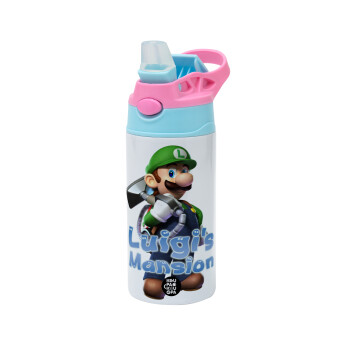 Luigi's Mansion, Children's hot water bottle, stainless steel, with safety straw, Pink/BlueCiel (360ml) BPA FREE