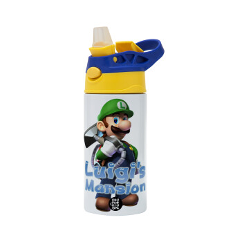 Luigi's Mansion, Children's hot water bottle, stainless steel, with safety straw, green, blue (360ml) BPA FREE