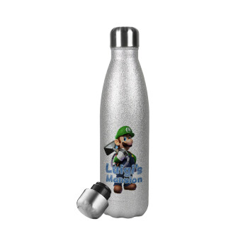 Luigi's Mansion, Μεταλλικό παγούρι θερμός Glitter Aσημένιο (Stainless steel), διπλού τοιχώματος, 500ml