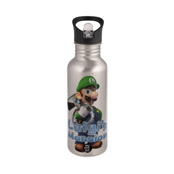 Luigi's Mansion, Water bottle Silver with straw, stainless steel 600ml