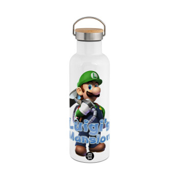 Luigi's Mansion, Μεταλλικό παγούρι θερμός (Stainless steel) Λευκό με ξύλινο καπακι (bamboo), διπλού τοιχώματος, 750ml