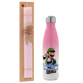 Luigi's Mansion, Easter Set, Metallic pink/white (Stainless steel) thermos, double-walled, 500ml & aromatic flat Easter candle (30cm) (PINK)