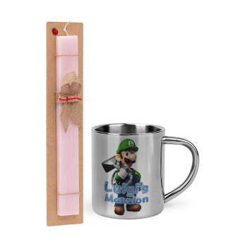 Luigi's Mansion, Πασχαλινό Σετ, μεταλλική κούπα θερμό (300ml) & πασχαλινή λαμπάδα αρωματική πλακέ (30cm) (ΡΟΖ)