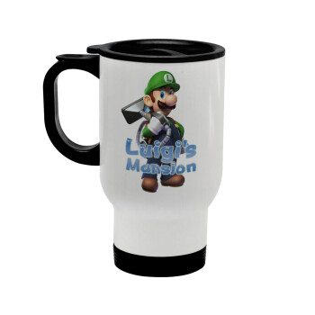 Luigi's Mansion, Κούπα ταξιδιού ανοξείδωτη με καπάκι, διπλού τοιχώματος (θερμό) λευκή 450ml
