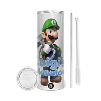 Luigi's Mansion, Tumbler ποτήρι θερμό από ανοξείδωτο ατσάλι 600ml, με μεταλλικό καλαμάκι & βούρτσα καθαρισμού