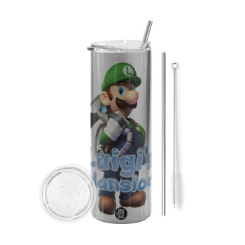 Luigi's Mansion, Tumbler ποτήρι θερμό Ασημένιο από ανοξείδωτο ατσάλι 600ml, με μεταλλικό καλαμάκι & βούρτσα καθαρισμού