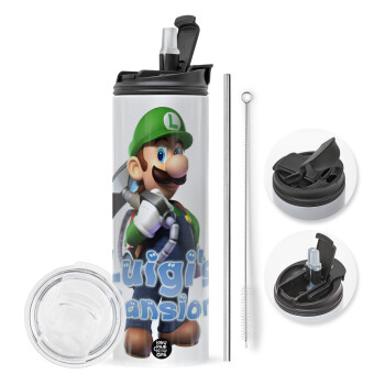 Luigi's Mansion, Travel Tumbler 2 Lids, with metal straw & cleaning brush (Stainless steel 304 Food grade, BPA free, 600ml)