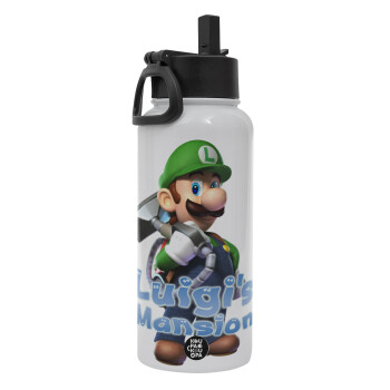 Luigi's Mansion, Metal mug thermo White with Straw and Spout Lid (Stainless steel), double wall, 950ml