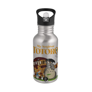 Totoro and Cat, Water bottle Silver with straw, stainless steel 500ml