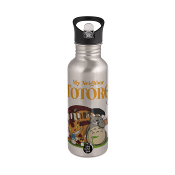 Totoro and Cat, Water bottle Silver with straw, stainless steel 600ml