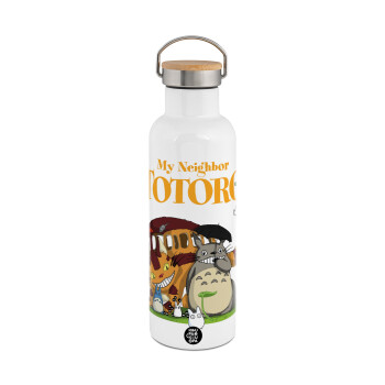 Totoro and Cat, Stainless steel White with wooden lid (bamboo), double wall, 750ml