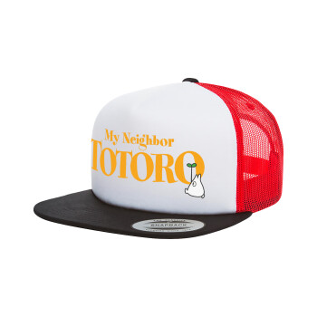 Totoro and Cat, Adult Foam Flat Snapback with Mesh Black-White-Red (POLYESTER, ADULT, UNISEX, ONE SIZE)