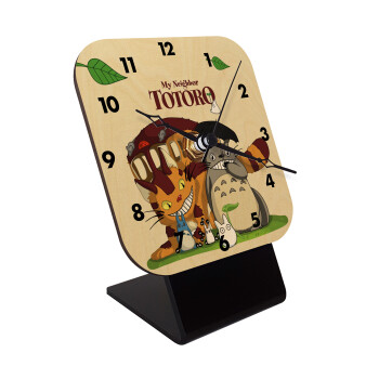 Totoro and Cat, Quartz Table clock in natural wood (10cm)
