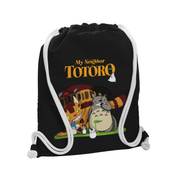 Totoro and Cat, Backpack pouch GYMBAG Black, with pocket (40x48cm) & thick white cords