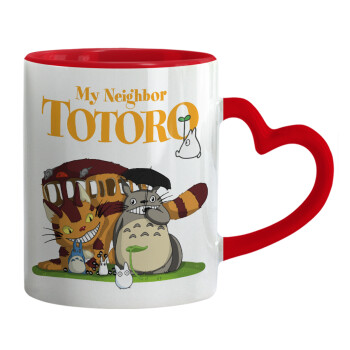 Totoro and Cat, Mug heart red handle, ceramic, 330ml