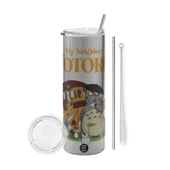 Totoro and Cat, Eco friendly stainless steel Silver tumbler 600ml, with metal straw & cleaning brush