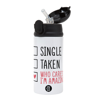 Single, Taken, Who cares i'm amazing, Children's hot water bottle, stainless steel, with safety straw, Black (360ml) BPA-FREE