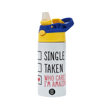 Single, Taken, Who cares i'm amazing, Children's hot water bottle, stainless steel, with safety straw, green, blue (360ml) BPA FREE