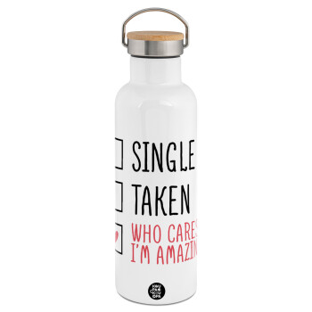 Single, Taken, Who cares i'm amazing, Μεταλλικό παγούρι θερμός (Stainless steel) Λευκό με ξύλινο καπακι (bamboo), διπλού τοιχώματος, 750ml