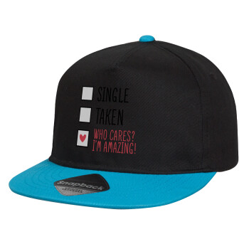 Single, Taken, Who cares i'm amazing, Child's Flat Snapback Hat, Black/Blue (100% COTTON, CHILD, UNISEX, ONE SIZE)