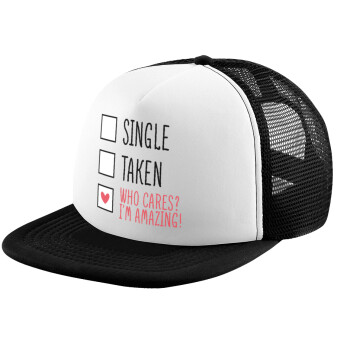 Single, Taken, Who cares i'm amazing, Καπέλο παιδικό Soft Trucker με Δίχτυ ΜΑΥΡΟ/ΛΕΥΚΟ (POLYESTER, ΠΑΙΔΙΚΟ, ONE SIZE)