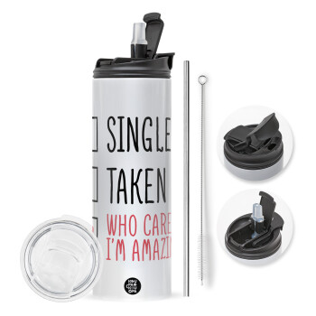 Single, Taken, Who cares i'm amazing, Travel Tumbler θερμό με διπλό καπάκι, μεταλλικό καλαμάκι και βούρτσα καθαρισμού (Ανωξείδωτο 304 Food grade, BPA free, 600ml)