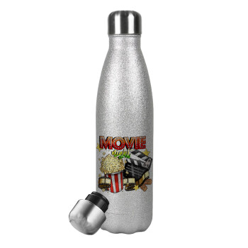 Movie night, Metallic Glitter Silver Thermos Flask (Stainless steel), double-walled, 500ml