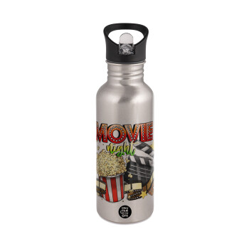 Movie night, Water bottle Silver with straw, stainless steel 600ml