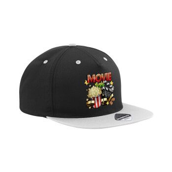 Movie night, Adult Flat Snapback Hat Black/Grey, (100% COTTON TWILL, ADULT, UNISEX, ONE SIZE)