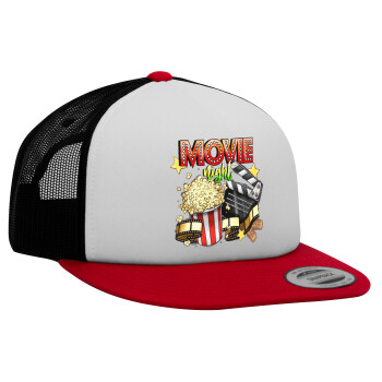 Movie night, Adult Foam Flat Snapback with Mesh Red-White-Black (POLYESTER, ADULT, UNISEX, ONE SIZE)