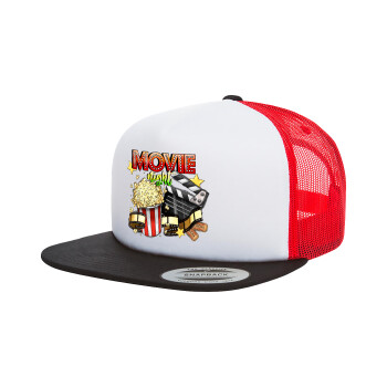 Movie night, Adult Foam Flat Snapback with Mesh Black-White-Red (POLYESTER, ADULT, UNISEX, ONE SIZE)