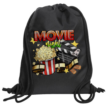 Movie night, Τσάντα πλάτης πουγκί GYMBAG Μαύρη, με τσέπη (40x48cm) & χονδρά κορδόνια