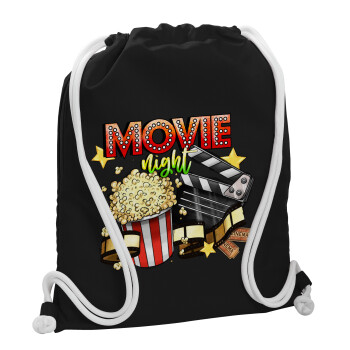 Movie night, Τσάντα πλάτης πουγκί GYMBAG Μαύρη, με τσέπη (40x48cm) & χονδρά λευκά κορδόνια