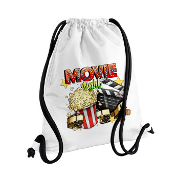 Movie night, Τσάντα πλάτης πουγκί GYMBAG λευκή, με τσέπη (40x48cm) & χονδρά κορδόνια