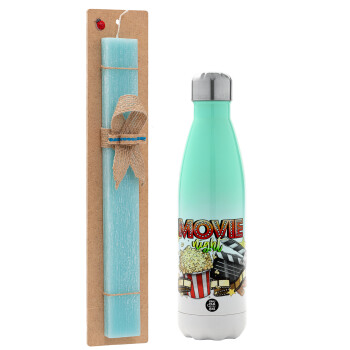 Movie night, Easter Set, Metallic green/white thermos (Stainless steel), double-walled, 500ml & scented flat Easter candle (30cm) (TURQUOISE)