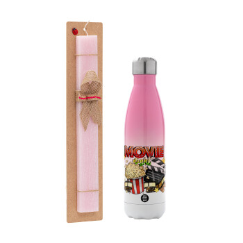 Movie night, Easter Set, Metallic pink/white (Stainless steel) thermos, double-walled, 500ml & aromatic flat Easter candle (30cm) (PINK)