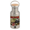 Stainless steel metallic thermos flask, silver with a bamboo lid, double-walled, 350ml.